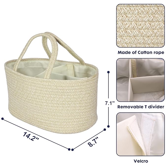 Baby Diaper Caddy Organizer for Girl Boy Cotton Rope Nursery Storage Bin Basket Portable Holder Tote Bag for Changing Table C