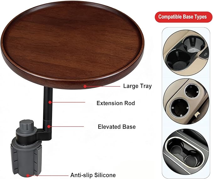 Car Desk 360° Rotating Wood Cup Holder Table for Car Center Car Accessories Car Tray for Laptop Compatible with Most Vehicle