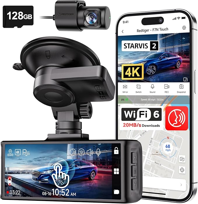REDTIGER 4K STARVIS 2 Dash Cam Front and Rear, 5GHz WiFi 20MB/s Download, 128GB Card Included, Voice Control, Dash Camera for