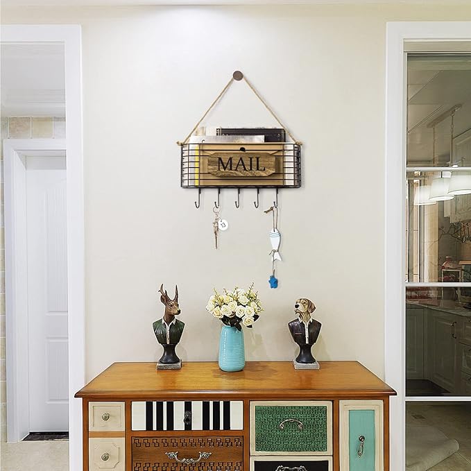 SRIWATANA Mail Holder, Rustic Mail Organizer Wall Mount Hanging Mail Sorter Letter Basket with 5 Key Holder for Wall, Large, 