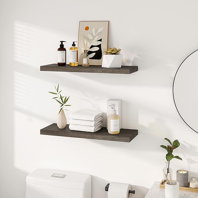 Vivelove Elm Floating Shelves for Wall Solid Wood, 24 Inches Long Rustic Wall Shelf with Invisible Bracket for Living Room Be