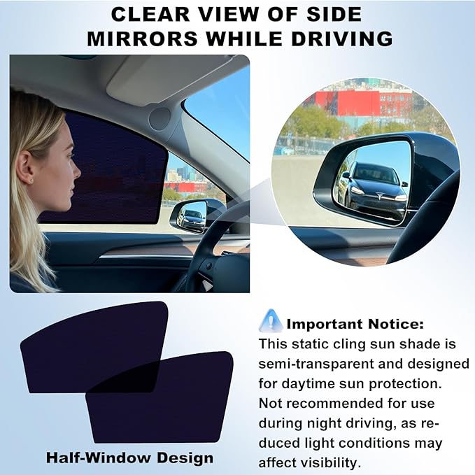 XCBYT Side Window Sunshade for Tesla Model Y 2020–2024 | Rear & Front Static Cling Side Window Covers, Semi-Transparent Privacy & UV Protection | Not for 2025–2026 Model Y Juniper