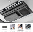 Car Sun Visor Organizer, Soft Leather Auto Sunshade Glasses Storage Bag with Multi-Pocket Net Zipper, Scratch-Resistant Vehicle Visor Pocket Eyeglasses Case Note Holder (Gray)