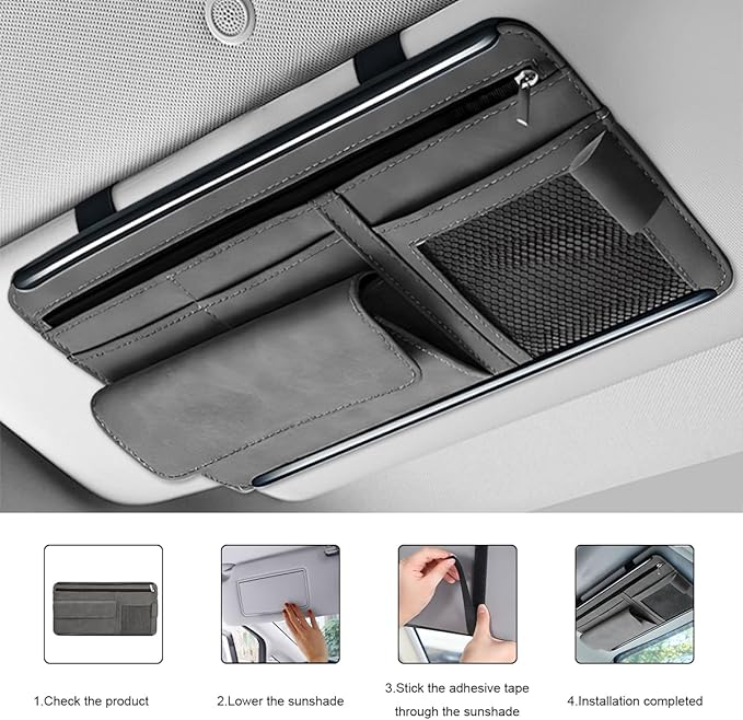 Car Sun Visor Organizer, Soft Leather Auto Sunshade Glasses Storage Bag with Multi-Pocket Net Zipper, Scratch-Resistant Vehicle Visor Pocket Eyeglasses Case Note Holder (Gray)