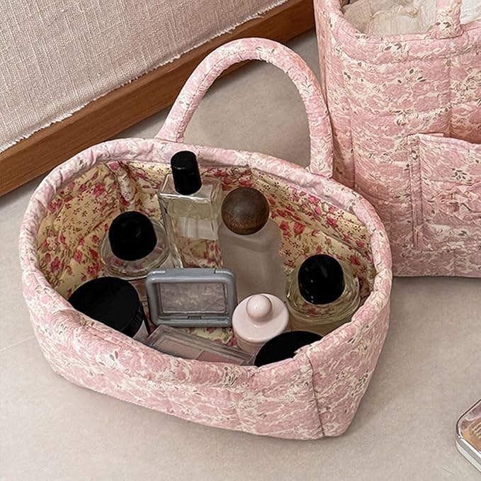 Small Storage Basket Organizer, Mini Fabric Floral Storage Baskets with Handle, Quilted Portable Collapsible Storage (N)