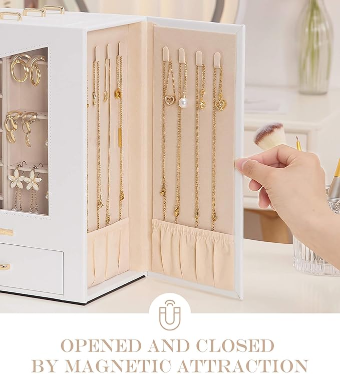Homde Jewelry Organizer with Transparent Window Necklace Hooks Gift for Women Jewelry Box Display Case for Necklaces Rings Ea