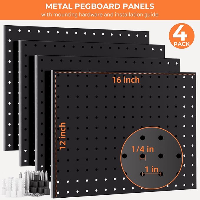 INCLY 4 Pack Peg Board, 12"x16" Upgrade Heavy Duty Metal Pegboard Panels, Black Pegboard Wall Organizer, Peg Board Panels for