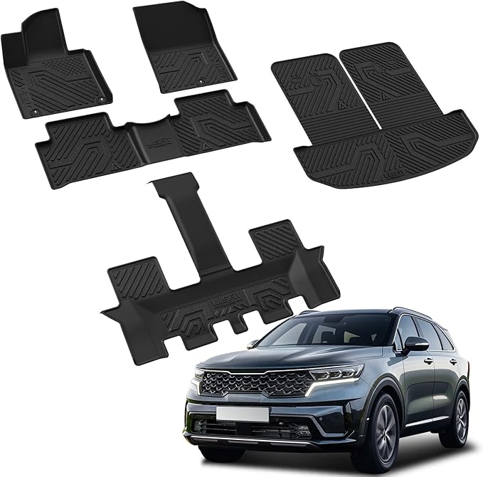 LASFIT Floor Mats & Backrest Mats & Cargo Mat for Kia Sorento 2026 2025 2024 2023 2022 2021 (Not Fit for Hybrid & PHEV) All Weather TPE Custom Fit Floor Liners Full Set Car Mats Acessoires, Black