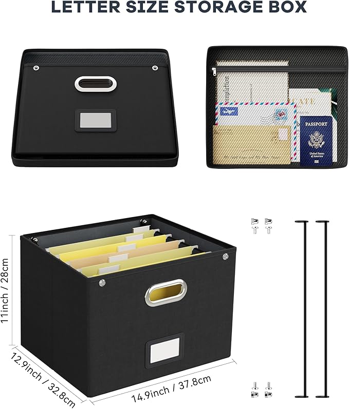 Oterri File Organizer Box with Lid,Large Hanging Filing Box with Mesh Pocket, Document c for Letter Files, Portable Storage C