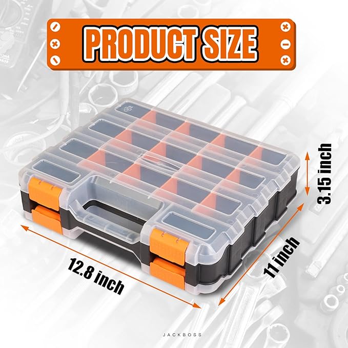 Jack Boss Tool Box with Transparent Lid, Double Side 34-Compartments Organizer Box with Removable Dividers for Hardware, Scre