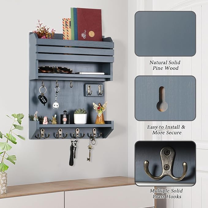Key Holder, Wall Mounted Mail Organizer, Keys Holder on Wall with 9 Key Hooks, Gray