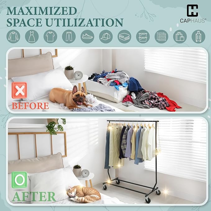 CAPHAUS Heavy Duty Clothes Rack, 220LBS Capacity Rolling Clothing Rack for Hanging Clothes, Adjustable Metal Wardrobe Rack, P