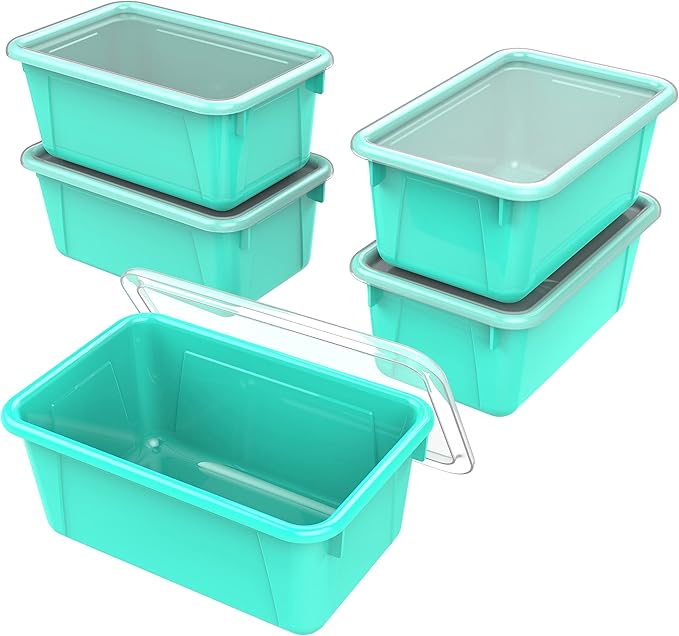 Storex Small Cubby Bins – Plastic Storage Containers for Classroom with Non-Snap Lid, 12.2 x 7.8 x 5.1 inches, Teal, (62412U0