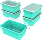 Storex Small Cubby Bins – Plastic Storage Containers for Classroom with Non-Snap Lid, 12.2 x 7.8 x 5.1 inches, Teal, (62412U0