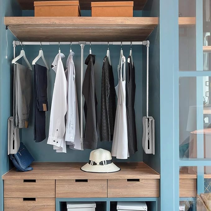 Heavy duty hanger Down Pull Wardrobe Rail Adjustable Clothes Rail Extendable Wardrobe Rail Closet and Wardrobe,Load Capacity 