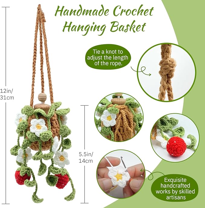 Crochet Car Air Freshener, 15ml Empty Refillable Oil Diffuser Bottle with Hanging Crochet Cute Plant for Car Rearview Mirror 