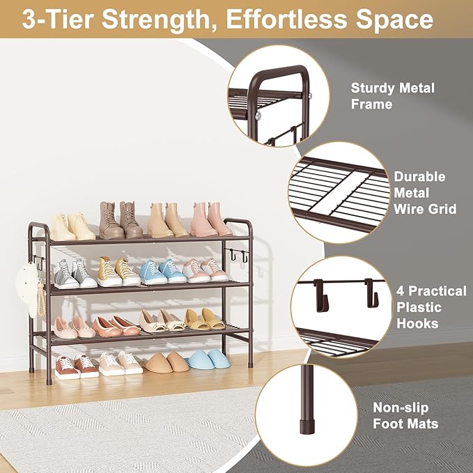 VILICK 3 Tier Shoe Rack 33" Wide Metal Shoe Organizer Long Shoe Storage with 4 Side Hooks Sturdy Shoes Shelf for Front Door E