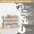 VILICK 3 Tier Shoe Rack 33" Wide Metal Shoe Organizer Long Shoe Storage with 4 Side Hooks Sturdy Shoes Shelf for Front Door E