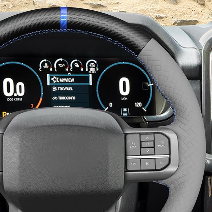 MEWANT Matte PU Carbon Fiber Grey Embossed Faux Leather Steering Wheel Wrap for Ford F150 Lightning F350 2024 Expedition