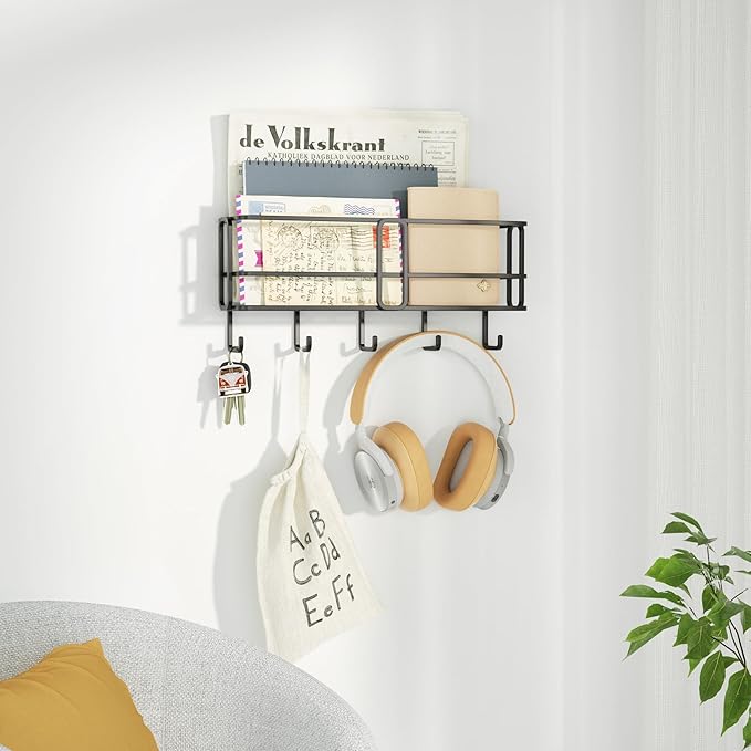 SRIWATANA Key Holder for Wall, Mail Organizer Wall Mount with Metal Storage Basket, Key Holder with 5 Hooks for Entryway, Off