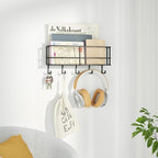 SRIWATANA Key Holder for Wall, Mail Organizer Wall Mount with Metal Storage Basket, Key Holder with 5 Hooks for Entryway, Off