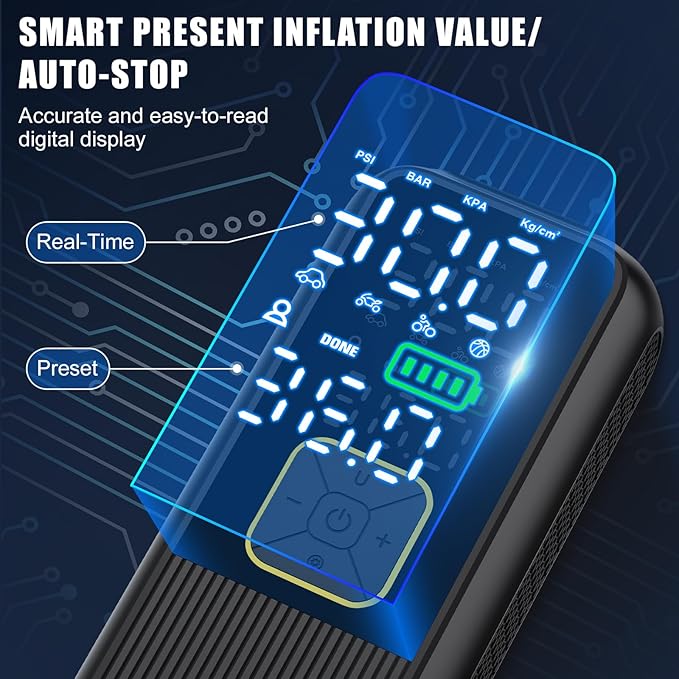Tire Inflator Portable Air Compressor, 4X Faster 150PSI Smart Air Pump for Car Tires with Digital Pressure Gauge, Portable Fast Tire Inflator for Car, Bike, Motorcycle, Balls