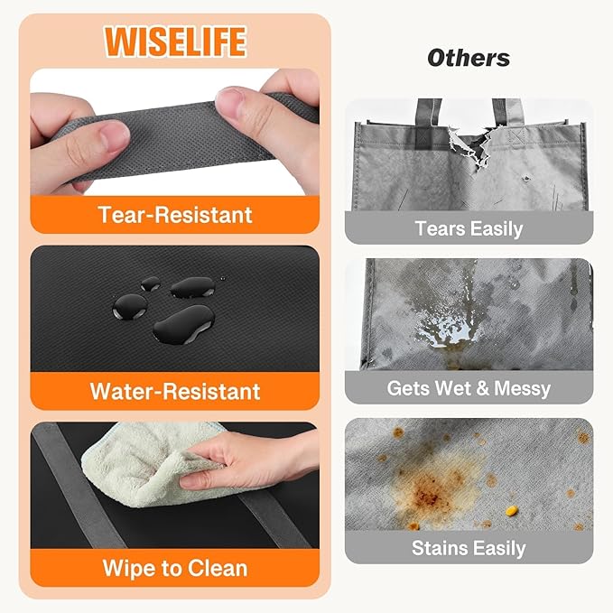 WISELIFE Reusable Grocery Bags with Handles - 3 Pack, 35L Large Shopping Bags for Groceries, Water-Resistant & Foldable Grocery Totes for Lasting Use for Kitchen, Market, Car Trunk, Picnic (Black)