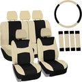 Automotive Seat Covers Beige Black Universal Fit Seat Cover Combo Set with Steering Wheel Cover and Seat Belt Pad (Airbag Com