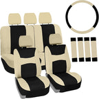 Automotive Seat Covers Beige Black Universal Fit Seat Cover Combo Set with Steering Wheel Cover and Seat Belt Pad (Airbag Com