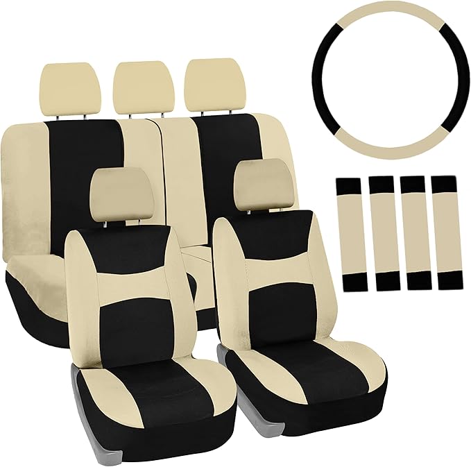 Automotive Seat Covers Beige Black Universal Fit Seat Cover Combo Set with Steering Wheel Cover and Seat Belt Pad (Airbag Com