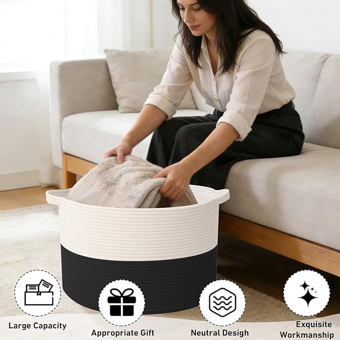 115L Large Blanket Basket,23.6" L x 23.6" W x 15.7" H Rope Woven Baskets with Handles, Toys Storage Bins,Laundry Basket Perfe