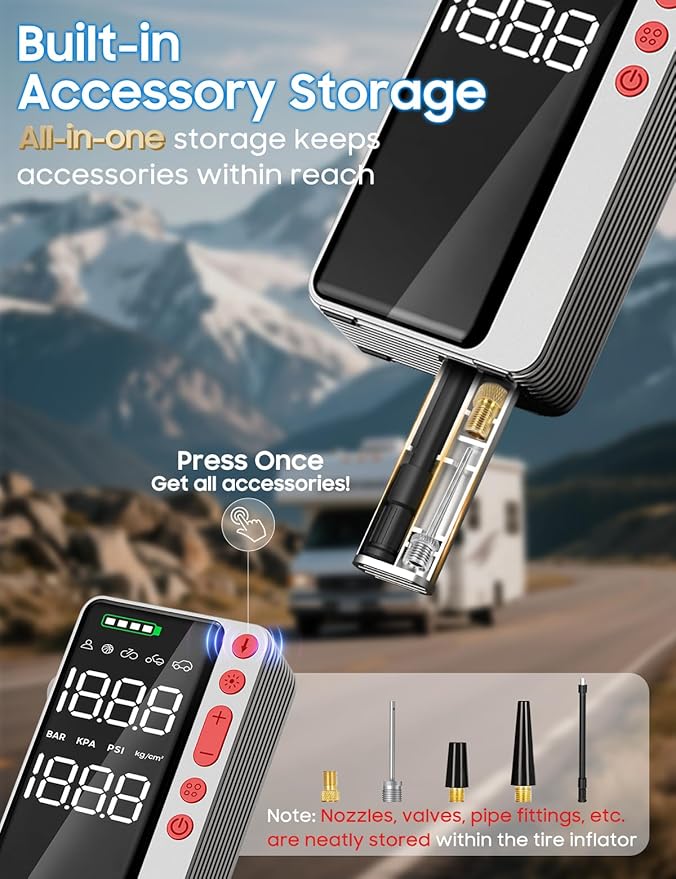 Tire Inflator Portable Air Compressor, Silver Smart Air Pump for Car Tires, All-in-One Storage Bike Tire Pump with LED Light, 10000mAh&150PSI Pump for Motor, Bicycle and More, Auto Shut-Off