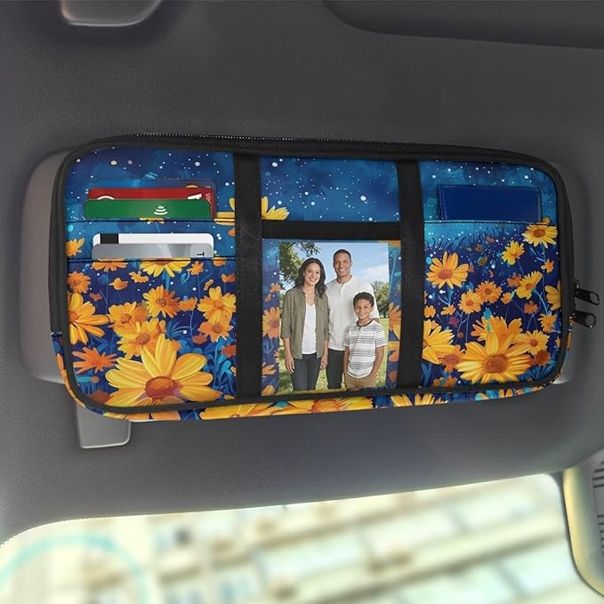 Floral Zippered Tactical Car Sun Visor Organizer, Automotive with Picture Holder Sun Visor Storage Pouch with Adjustable Straps and Pockets Easy Installation Universal Fit for Most Cars SUV