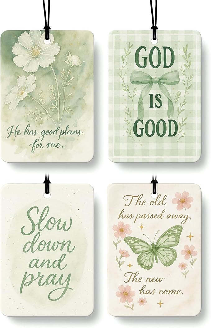 Retro Green Floral Bow Butterfly Christian Car Air Freshener 4 Pcs, Girly Religious Hanging Air Freshener for Cars Closet Dra