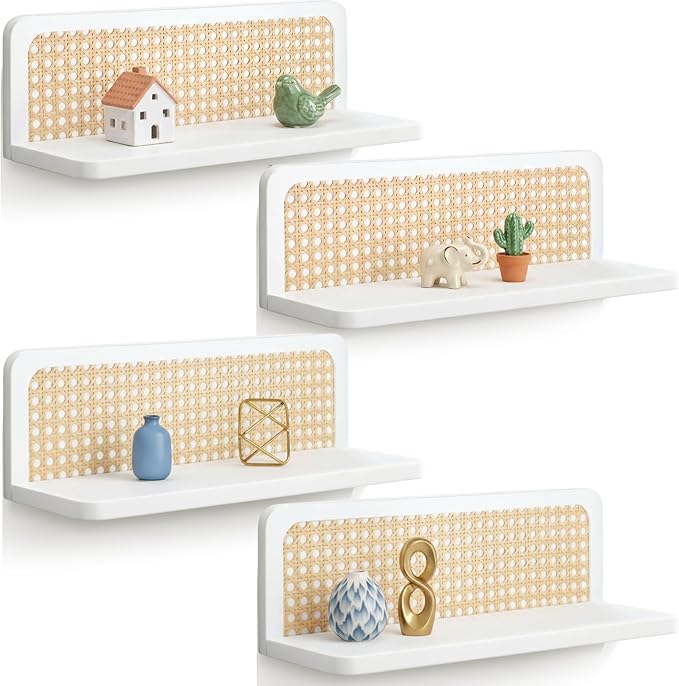 Kathfly Floating Shelves for Wall Set of 4 Mounted Rustic Boho Rattan Wood Wall Shelves for Bathroom Bedroom Living Room Kitc