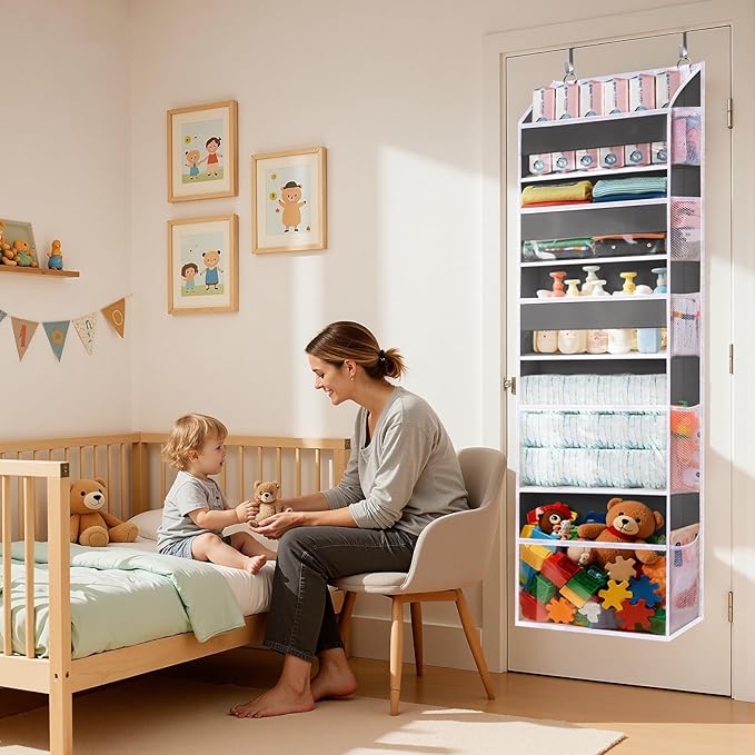 5 Tiers Over Door Organizer with 10 Mesh Side Pockets, 44 lbs Weight Capacity Hanging Storage Organizer with Clear Window Kid