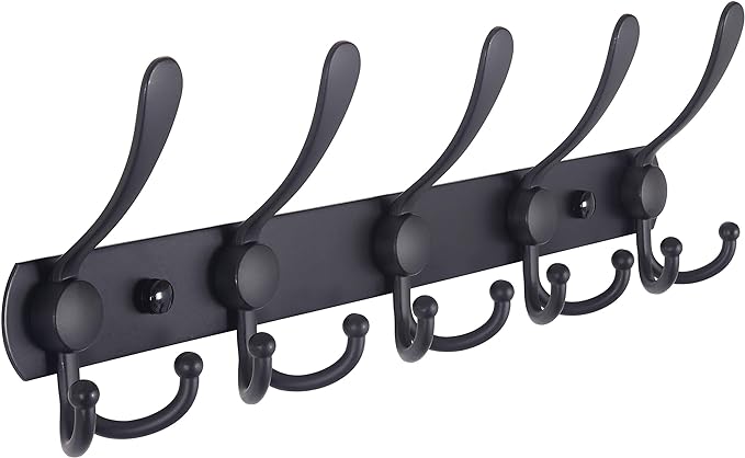 Dseap Coat Rack Wall Mounted - 5 Tri Hooks, Heavy Duty, Stainless Steel, Metal Coat Hook Rail for Coat Hat Towel Purse Robes 