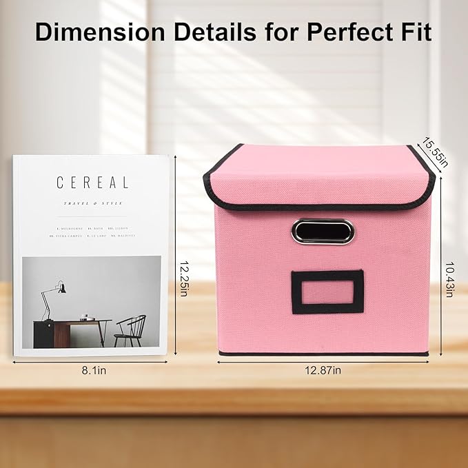 File Storage Box with Lid, 15.55x12.87x10.43 Inches, Foldable Organizer with Handles & Label Slot, for File Storage, Home, Of