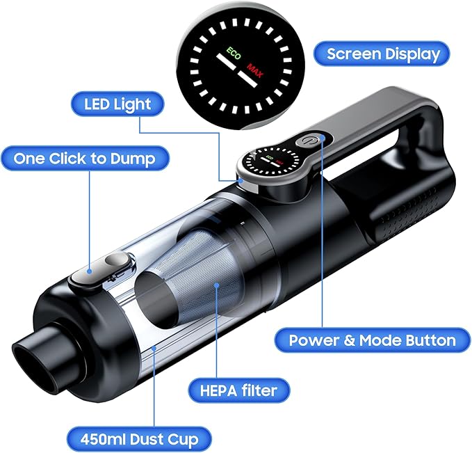 Cordless Handheld Car Vacuum Cleaner for Car Interior, Strong Suction Portable Vacuum for Pet Hair & Quick Home Cleaning, Rec