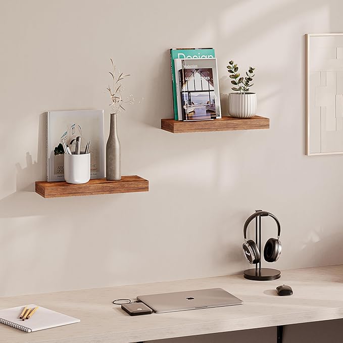 Ballucci Floating Shelves, 16" Wood Wall Shelf Set of 2, with Invisible Brackets for Bathroom, Living Room, Bedroom, Kitchen,