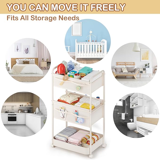 Baby Diaper Caddy, Premium Metal& Felt Movable Cart with Dividers for Newborn Nursery Essentials, Large Capacity Rolling Diap