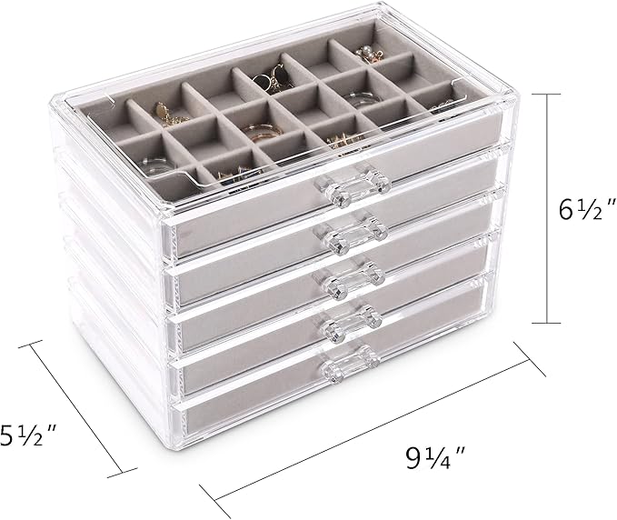 Frebeauty Acrylic Jewelry Organizer Earring Organizer Box with 5 Drawers Earring Holder Organizer with Velvet Trays Clear Jew