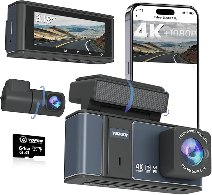 Dashcam Front and Rear Camera,TVFEA Dash cam 4K,Dual Dash Camera for Cars with Wi-Fi,3.18" LCD Screen,64GB Card,APP Control,N