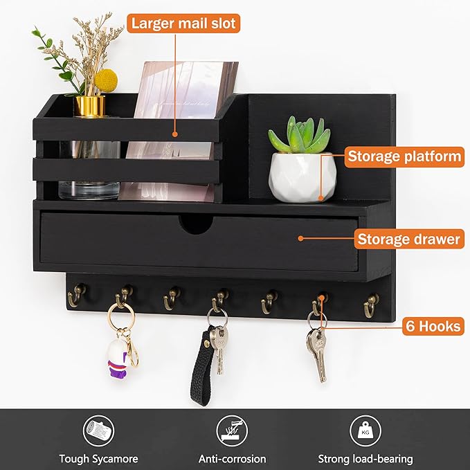 dreampossible Key and Mail Holder for Wall, Mail Organizer Wall Mount with 6 Hooks and Storage Drawer, Wooden Key Rack Hanger