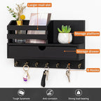 dreampossible Key and Mail Holder for Wall, Mail Organizer Wall Mount with 6 Hooks and Storage Drawer, Wooden Key Rack Hanger
