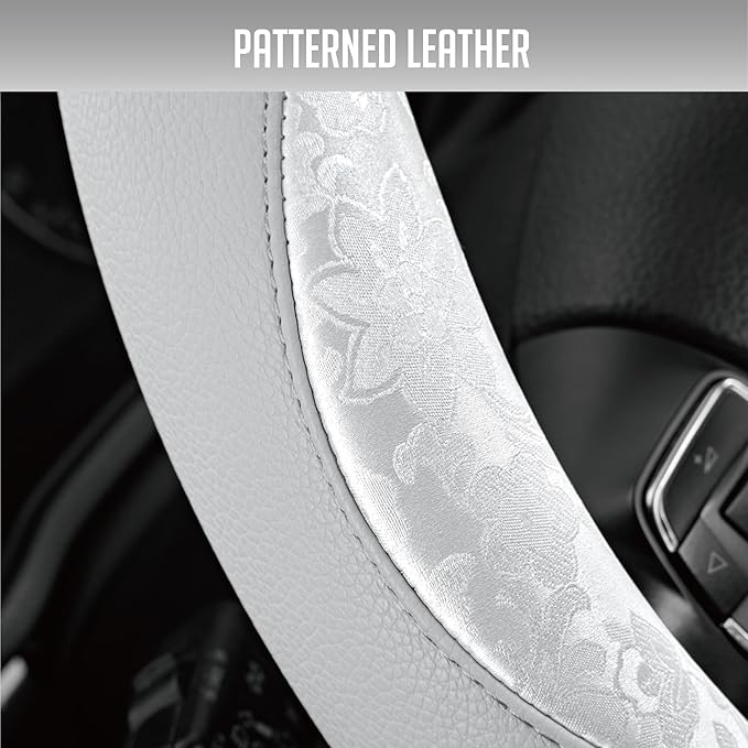 PIC AUTO Steering Wheel Cover, Silver Patterned Leather Patchwork Design, Universal Fit 14.5"–15.5", Anti-Slip, Odor-Free, So