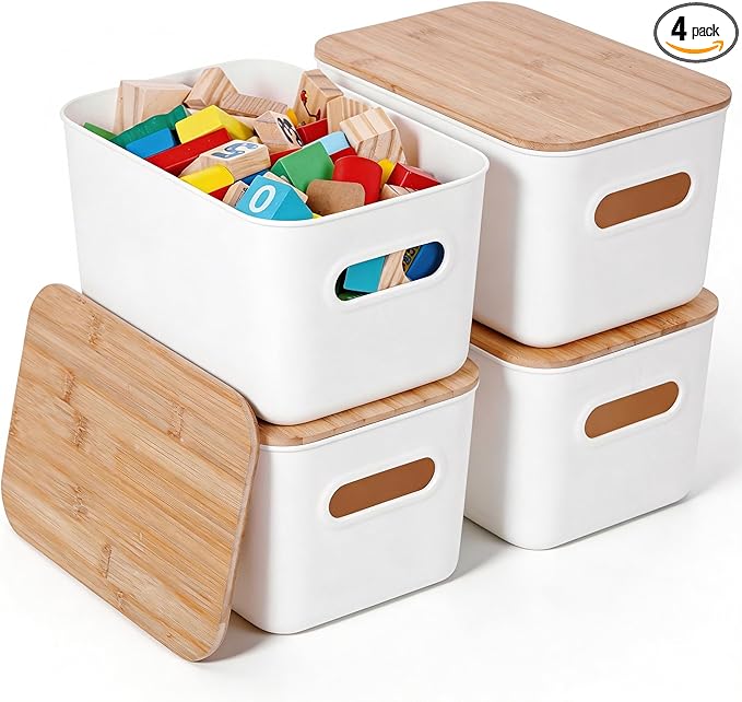 Citylife Storage Bins with Bamboo Lids 7QT Plastic Storage Containers Stackable Organizer Boxes with Handle for Desk Snacks, 