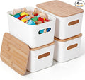 Citylife Storage Bins with Bamboo Lids 7QT Plastic Storage Containers Stackable Organizer Boxes with Handle for Desk Snacks, 