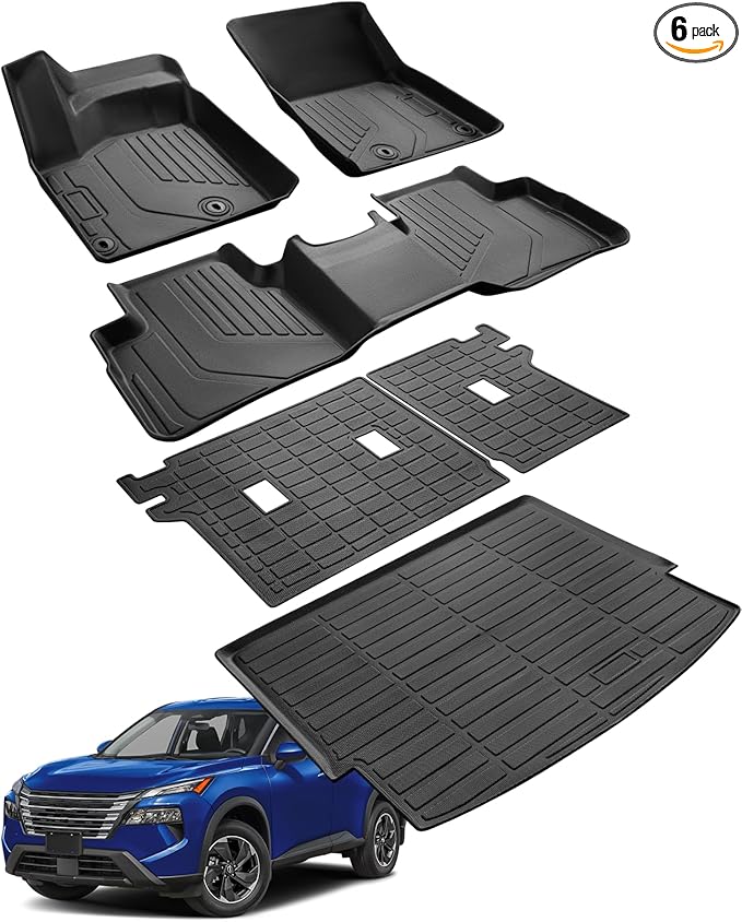 Floor Mats Full Set for Nissan Rogue 2021-2025 2026 Accessories, All Weather Floor Mats Cargo Liner for Back of SUV, Rubber Mats for Car Floor, Custom Fit Mat Heavy Duty Trunk Liner Black