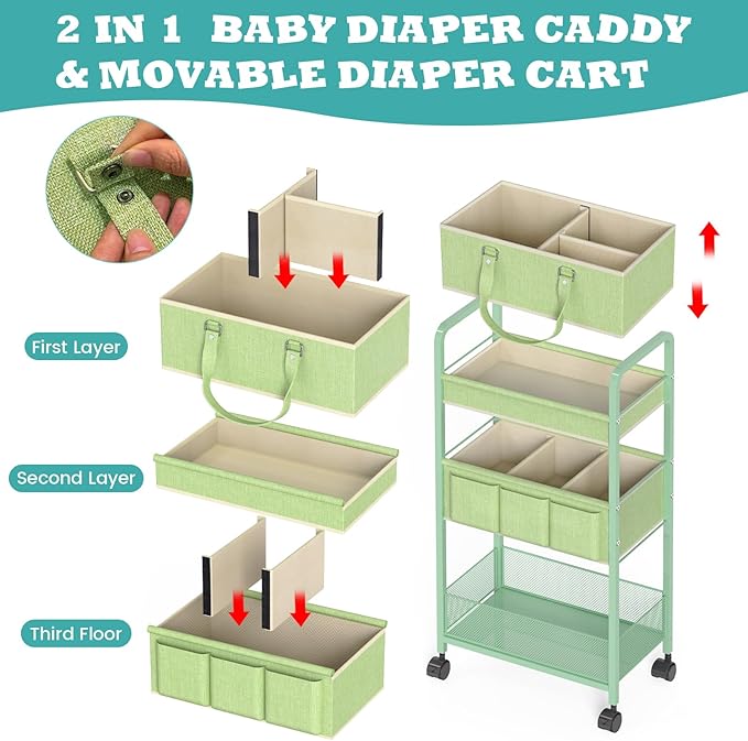 2in1 Baby Diaper Caddy Organizer Cart, 3-Tier Rolling Cart, Metal Diaper Caddy Carts, Bedside Carts for Nursery Essentials St